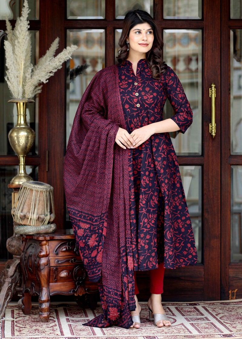 Miravan Maroon Floral Print Anarkali Kurta with Dupatta for Women - Image 3